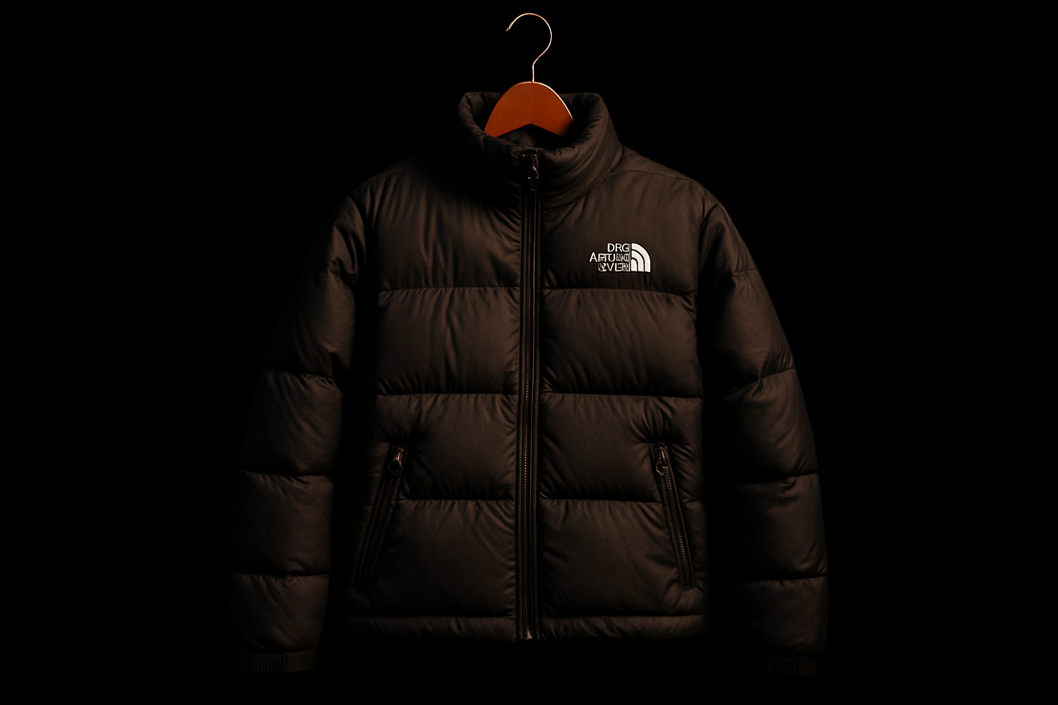 4K hyper-realistic square (1:1) studio photo of a single The North Face jacket hanging on a hanger. Pure black background (#000000). Strong warm studio lighting highlights nylon fabric, stitching, and the authentic The North Face chest logo. Ultra-detailed, high contrast professional fashion photography.
