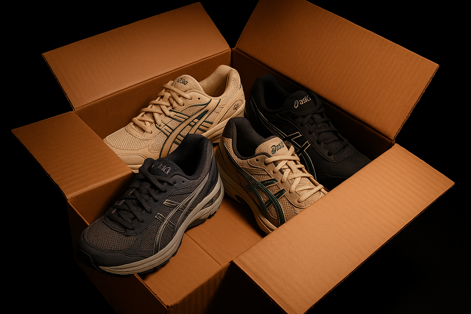 Generate a hyper-realistic image of an open cardboard box containing four pairs of Asics sneakers (models such as Gel and Kayano). Each pair should be neatly arranged and show the authentic Asics logo and design details clearly. Use warm studio lighting that highlights the textures, colors, and materials of the shoes. The background must be pure black for a professional product photography look.
