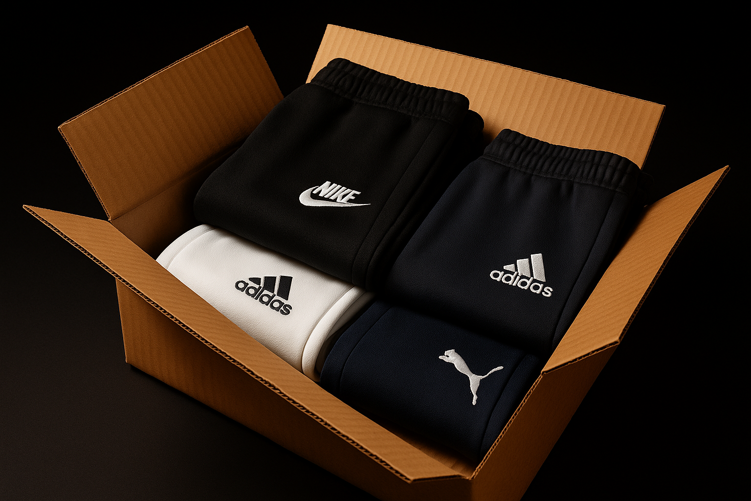 Generate a hyper-realistic image of an open cardboard box containing jogger or track pants from Nike, Adidas, and Puma. Display 3 to 4 pairs in black, white, and dark blue colors, neatly folded inside the box. Ensure the brand logos are clearly visible and accurate. Use a black background with warm studio lighting that highlights the fabric textures and product details for a professional product photo.