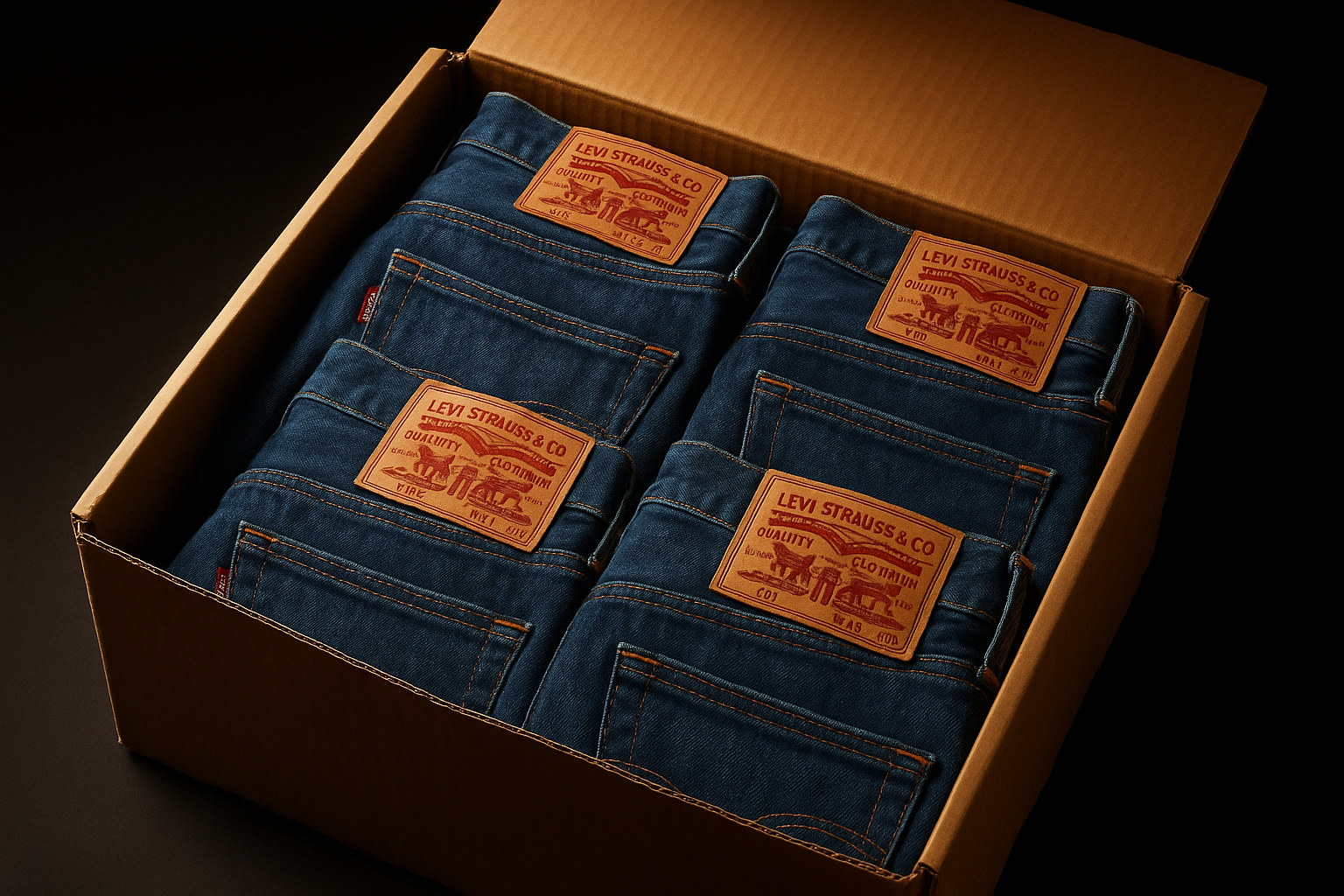 Generate a hyper-realistic image of an open cardboard box containing Levi’s jeans, folded neatly with 3 to 4 pairs visible in the box. Ensure denim textures and Levi’s labels are highlighted by warm studio lighting against a black background for a professional product look