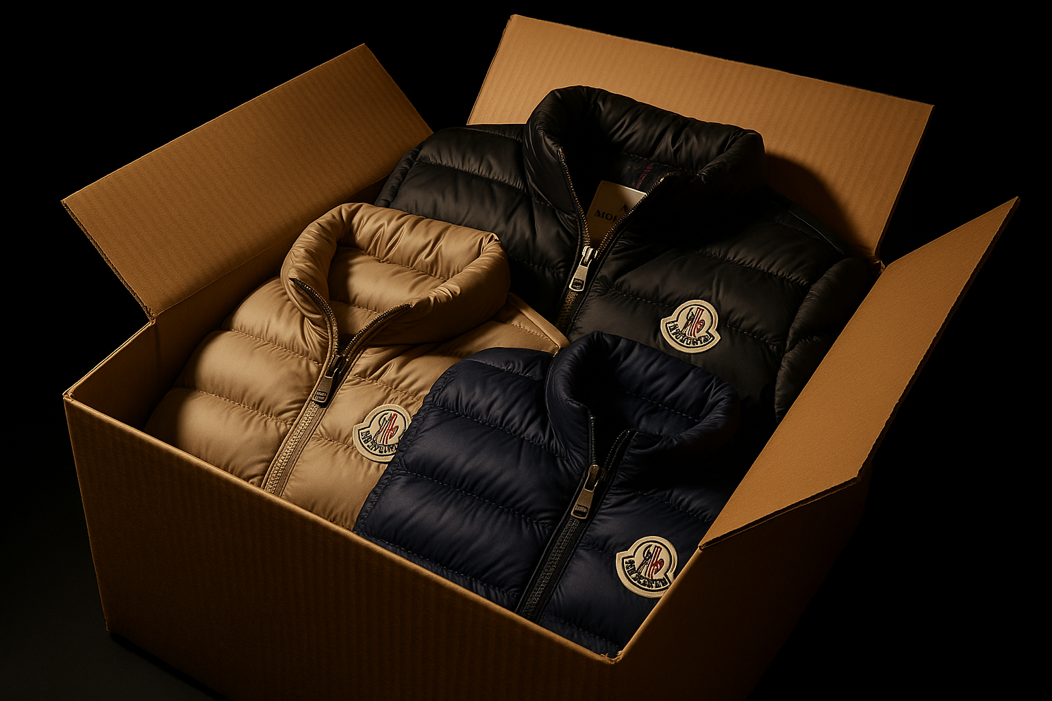 Generate a hyper-realistic image of an open cardboard box containing Moncler jackets, with 3 to 4 pieces neatly arranged inside. Ensure the authentic Moncler logo appears clearly and correctly on the jackets. The lighting should highlight the textures, stitching, and details of the fabrics. Use a black background with warm studio lighting for professional product photography.