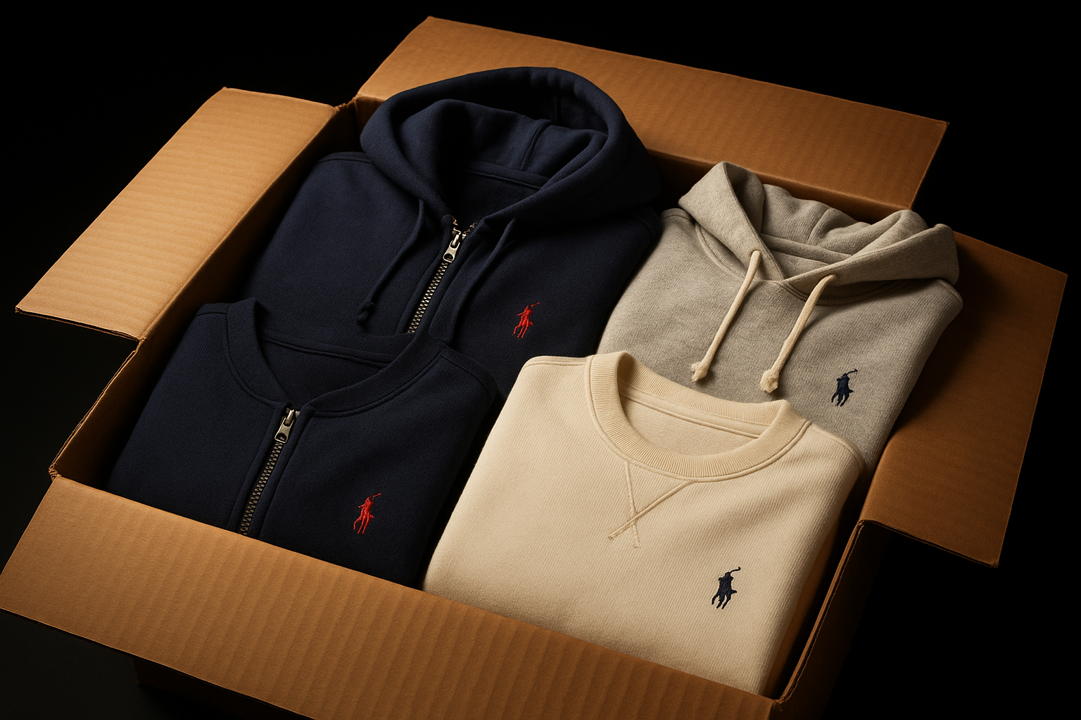 Generate a hyper-realistic image of an open cardboard box containing Ralph Lauren hoodies and sweatshirts, both zip-up and pullover styles. Show 3 to 4 garments folded neatly inside the box. Background black, illuminated with warm studio lighting to enhance fabric textures and logos.