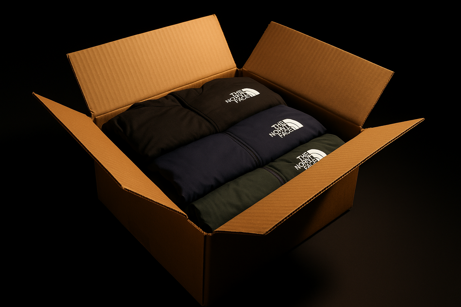 Generate a hyper-realistic image of an open cardboard box containing The North Face jackets, with 3 to 4 pieces neatly arranged inside. Ensure the lighting highlights the textures and logos. Black background, warm studio light for professional product photography.