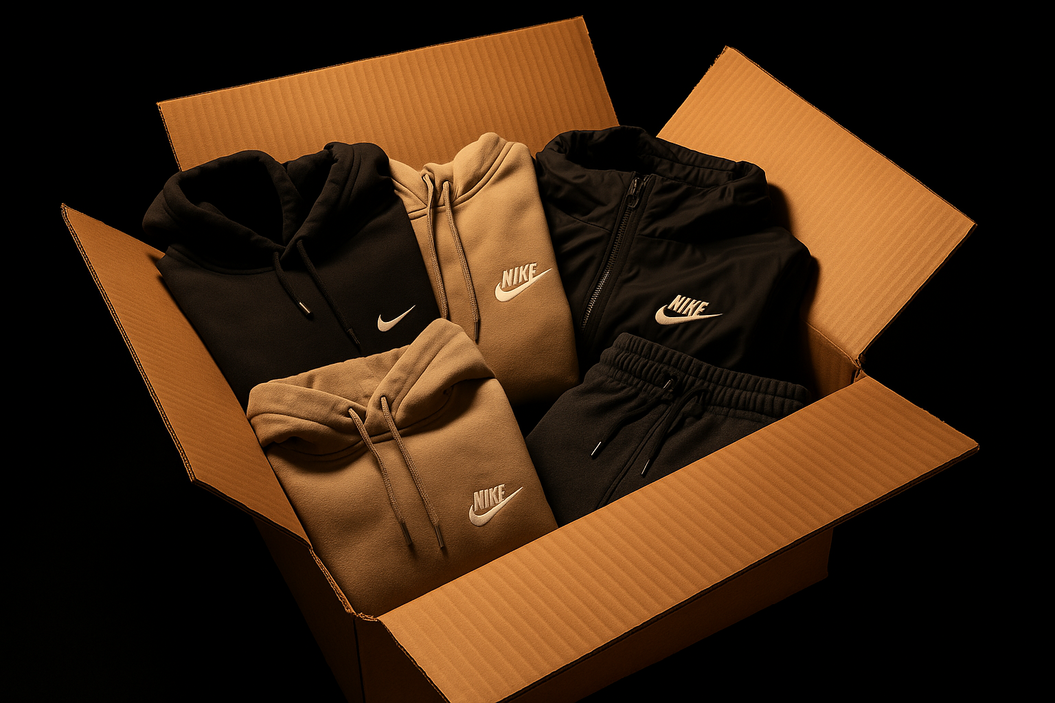 Generate a hyper-realistic image of an open cardboard box filled with assorted Nike clothing, including hoodies, jackets, and jogger pants, neatly folded and arranged inside as if prepared for shipping. The background should be completely black, illuminated by a single warm studio light, highlighting the details of the garments and the texture of the box.