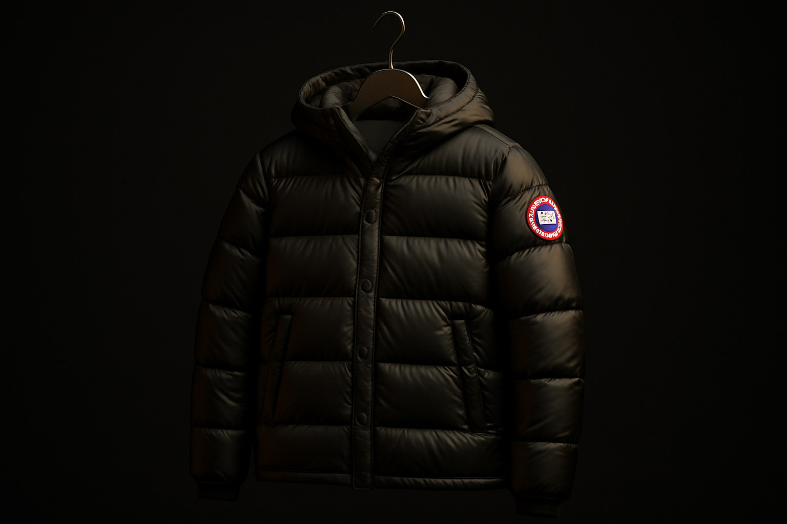 Hyper-realistic square (1:1) studio photograph of a single authentic Canada Goose jacket hanging on a hanger, centered against a black background. The jacket must show the iconic Canada Goose round patch logo on the sleeve clearly and accurately. Premium down-filled quilting, smooth nylon fabric, and detailed stitching must be visible. Warm studio lighting highlights fabric sheen and brand details. Ultra-detailed, 4K professional fashion product photography.
