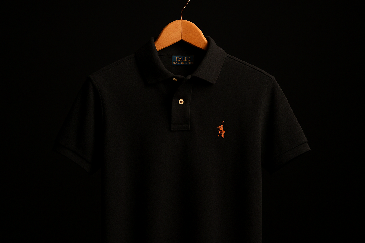 Hyper-realistic square (1:1) studio photograph of a single authentic Ralph Lauren short-sleeve polo shirt hanging neatly on a wooden hanger. Pure black seamless background (#000000) with no gradients. The shirt must display the embroidered Polo Ralph Lauren logo on the chest clearly and accurately, with collar and buttons visible. Strong warm studio lighting highlights the fabric texture, stitching, and premium cotton quality. Ultra-detailed 4K product photography, professional e-commerce style.
