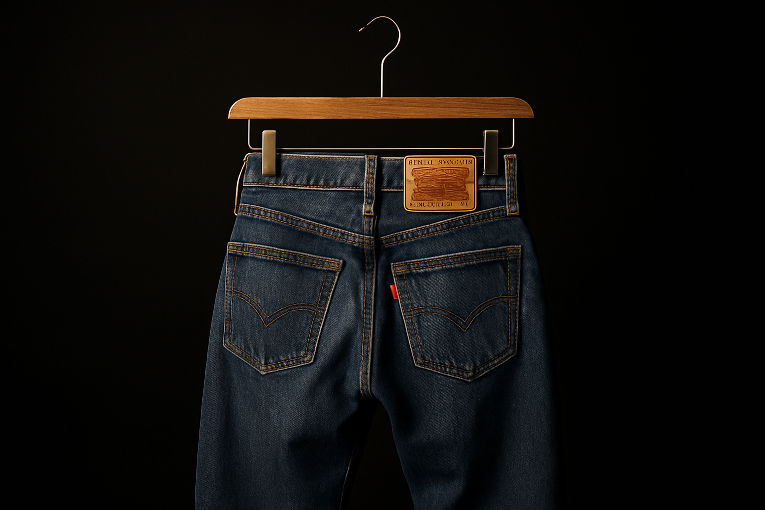 Hyper-realistic square (1:1) studio photograph of a single pair of Levi’s jeans hanging on a hanger. Pure black seamless background (#000000). Strong warm studio lighting highlights denim texture, seams, and shows the authentic Levi’s leather waistband patch and red Levi’s tab. Ultra-detailed 4K professional fashion photo, high contrast.
