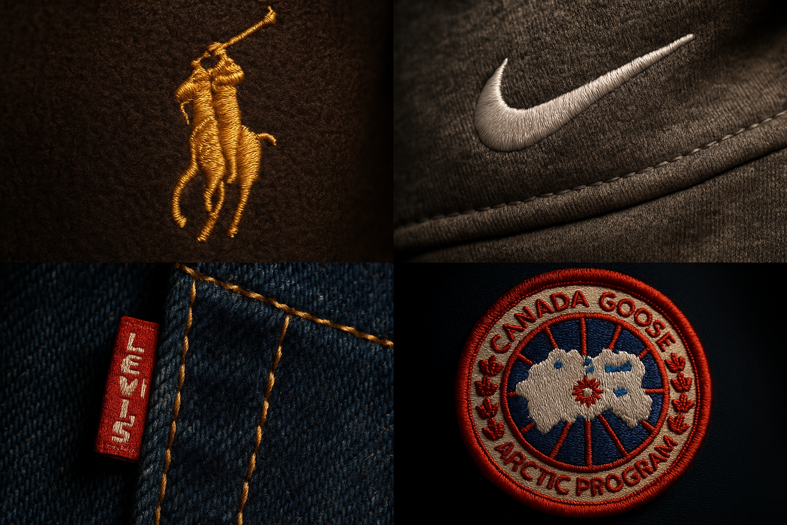Macro 4K photography showing hyper-detailed textures of luxury clothing fabrics: Ralph Lauren embroidery, Nike Tech Fleece material, Canada Goose patch, and Levi’s denim. Focus on stitches, texture, and brand authenticity. Warm studio lighting highlighting micro details, soft depth of field, and cinematic black background. Square format (1:1), perfect clarity and realism.