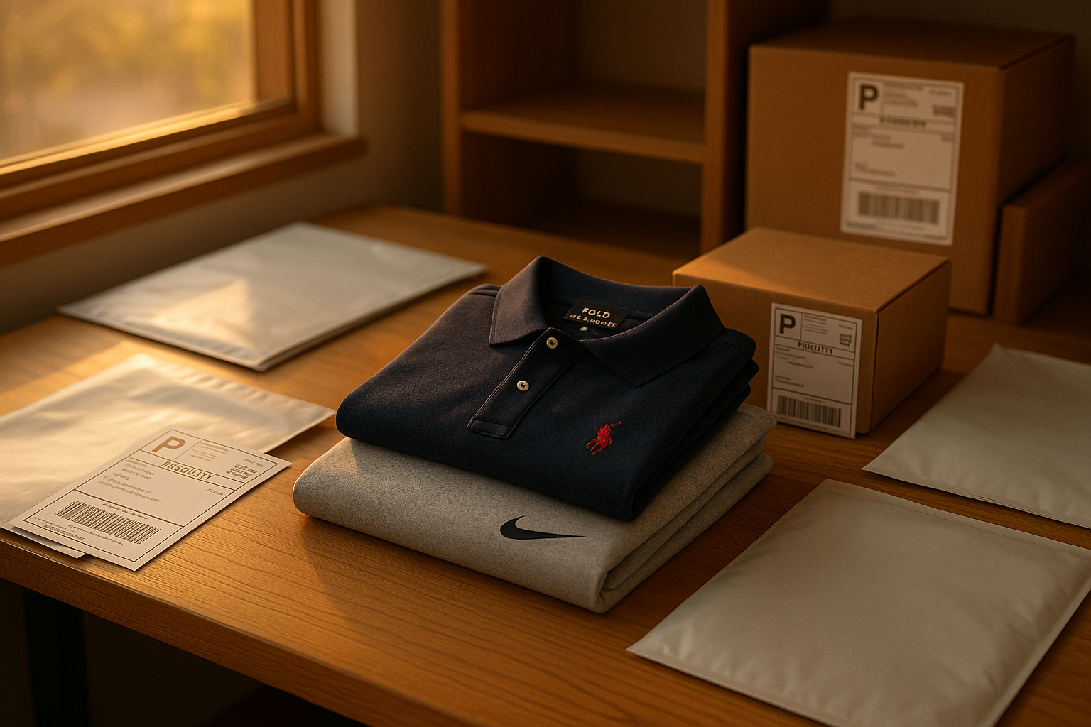 Realistic 4K image of a workspace with folded Ralph Lauren and Nike clothing, shipping bags, printed labels, and cardboard boxes. Warm sunset light, organized workspace, realistic textures, premium small business aesthetic.