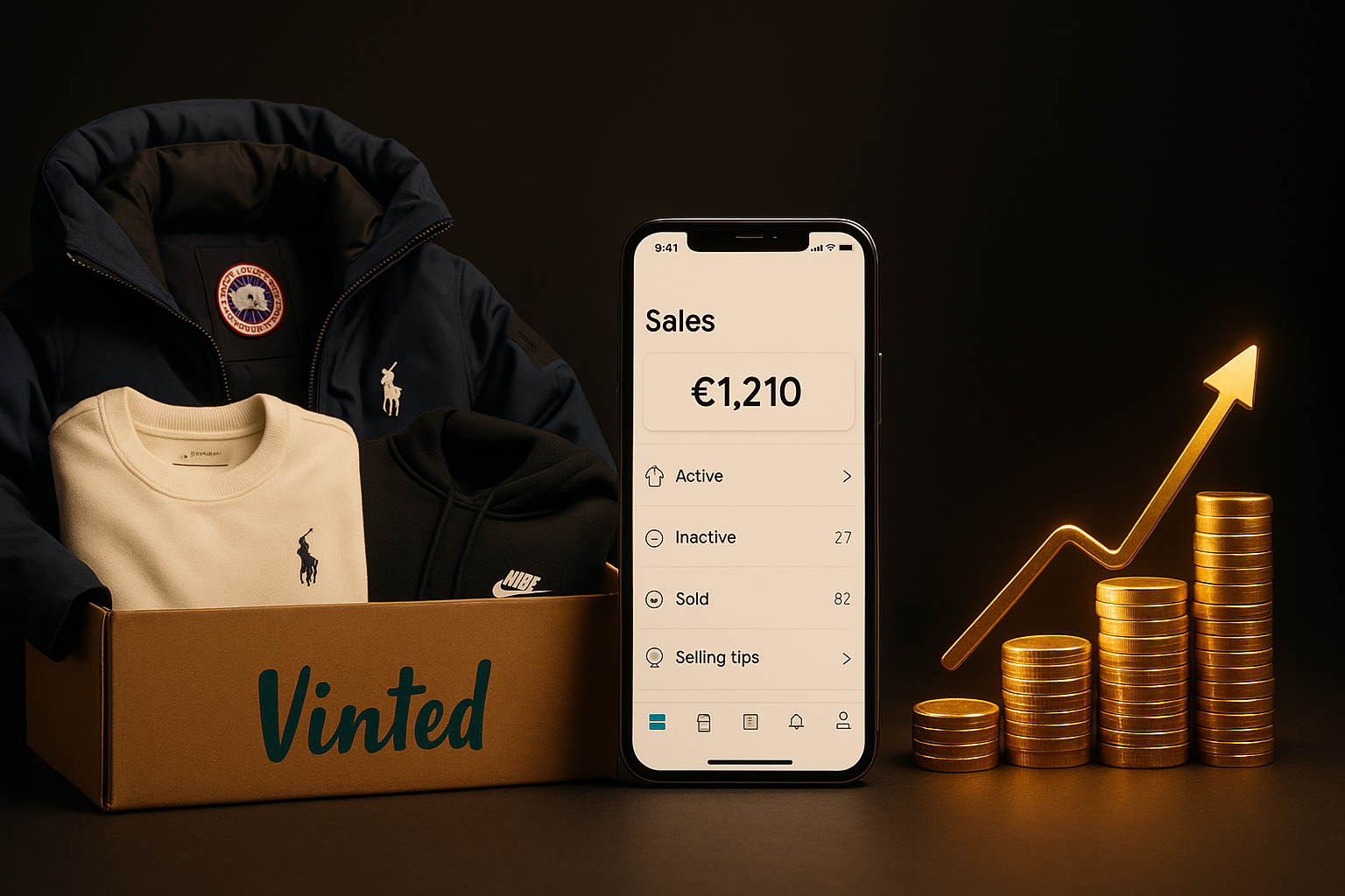 Ultra-realistic cinematic 4K composition showing the complete resale process in one frame. On the left, an open Imperial Vinted box filled with assorted luxury clothing (Ralph Lauren, Nike, Canada Goose). In the center, a smartphone showing the Vinted app sales dashboard. On the right, symbolic representation of earnings — glowing coins or a rising sales graph. Studio lighting with warm tones and subtle golden reflections. Black background, symmetrical, professional product advertisement look, 1:1 format.